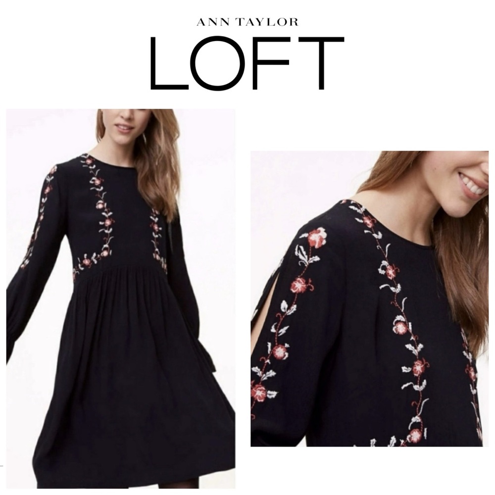 LOFT Women's Size 8 Embroidered Floral Split Sleeve Cold Shoulder Dress Black